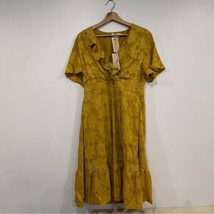 Orange Creek Golden mustard Floral Midi Dress short sleeve pockets size M